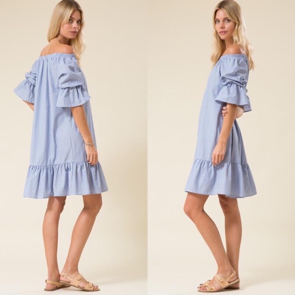 πHPπ Blue Off The Shoulder Pinstripe Mini Dress - Picture 4 of 7